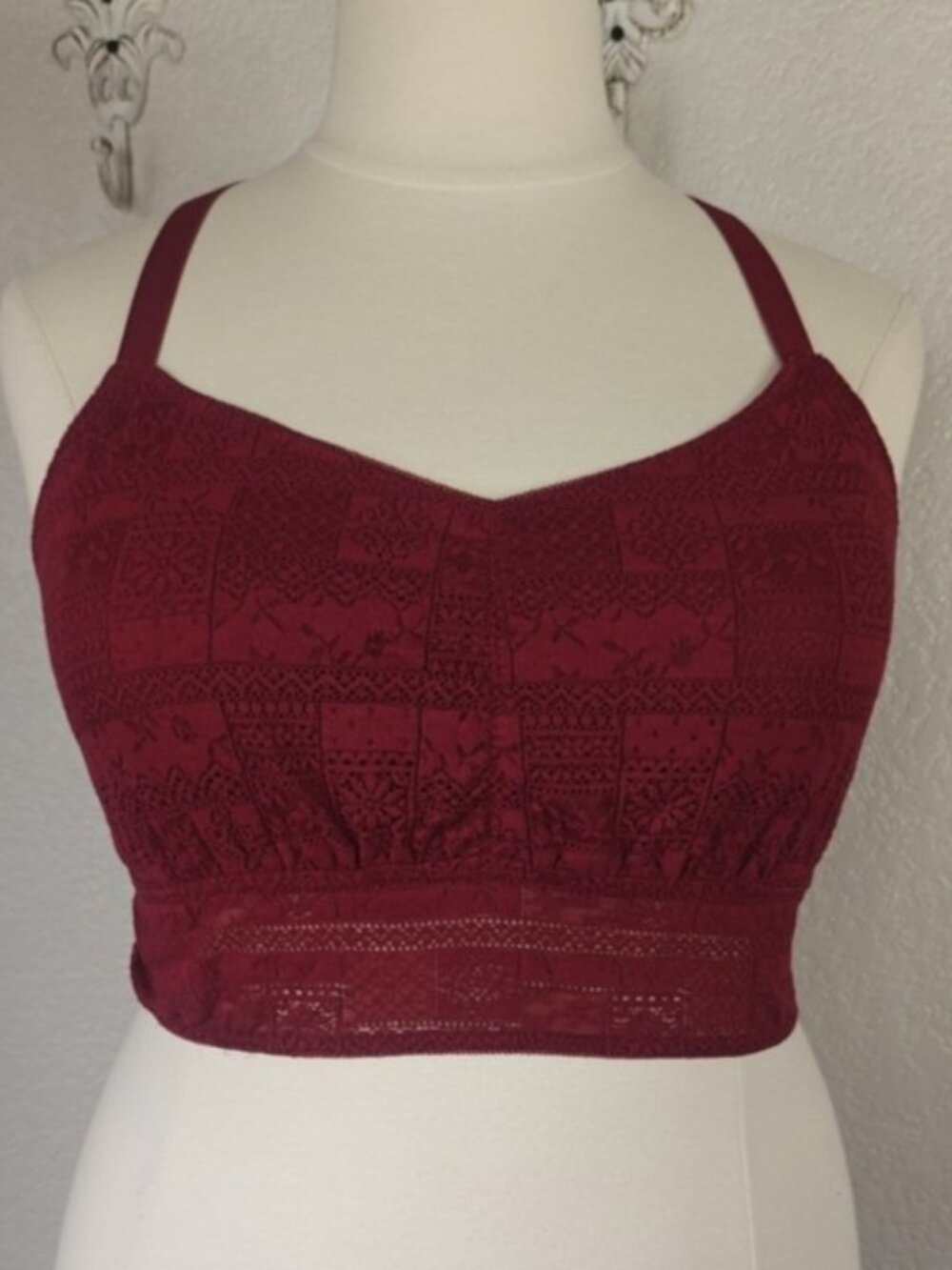 Maurices 2X Bralette Patchwork Lace Racerback Autumn Burgundy
